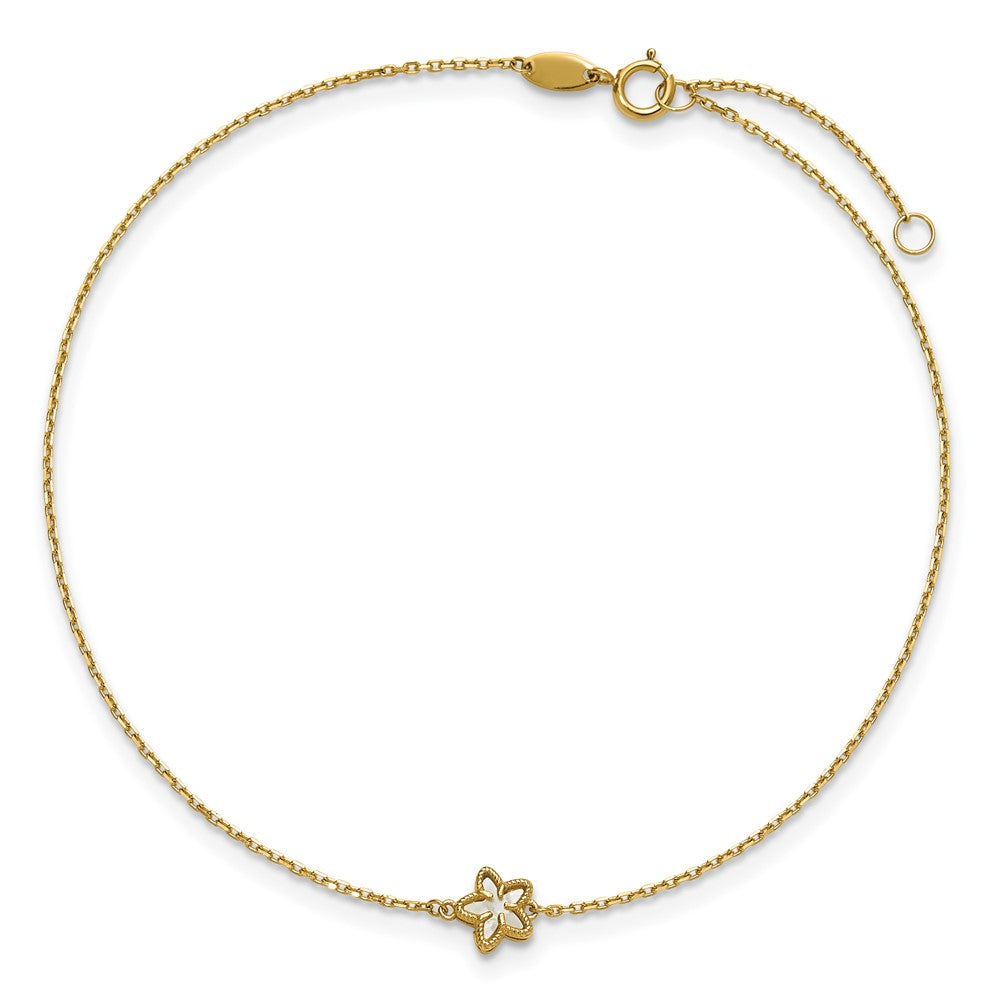 14K Yellow Gold Polished Mother of Pearl Flower 9in Plus 1in Ext. Anklet