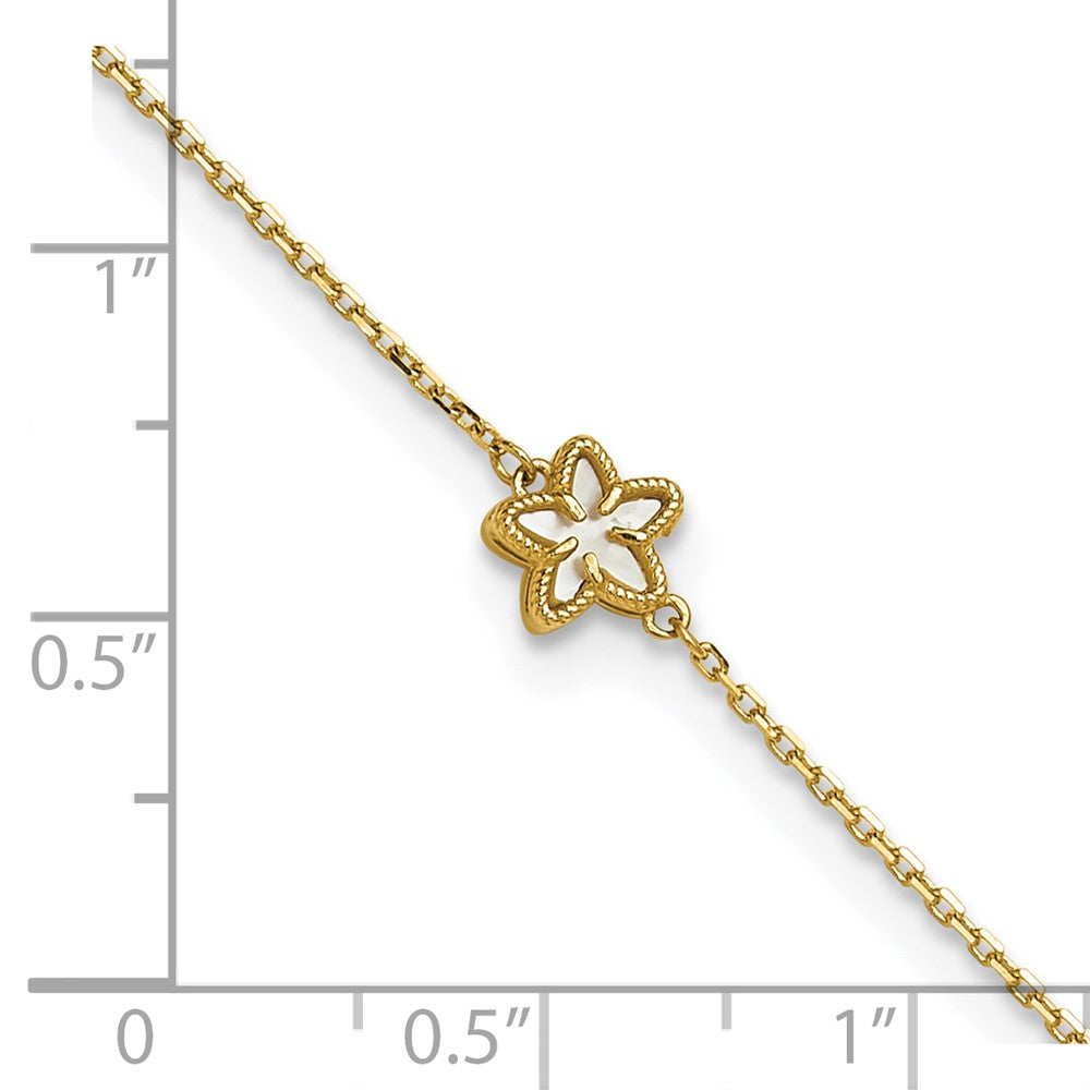 14K Yellow Gold Polished Mother of Pearl Flower 9in Plus 1in Ext. Anklet