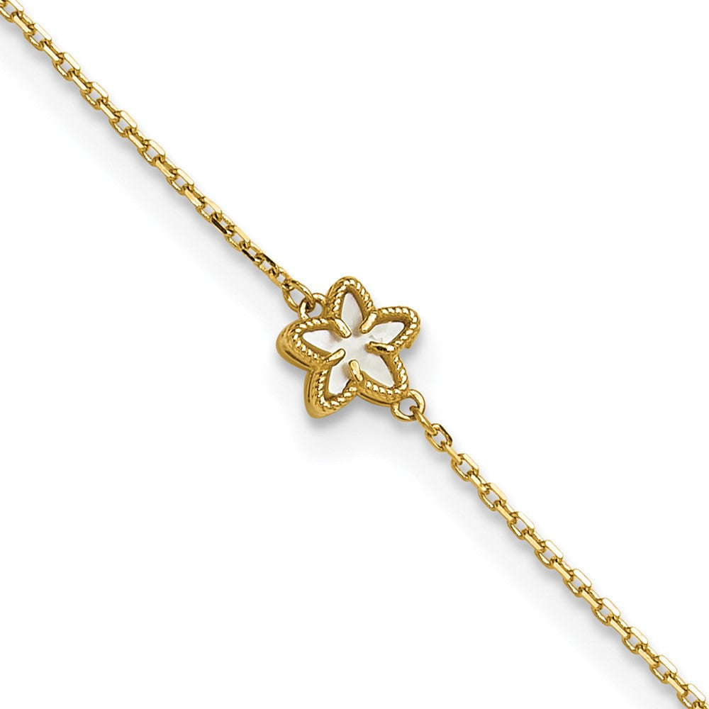 14K Yellow Gold Polished Mother of Pearl Flower 9in Plus 1in Ext. Anklet