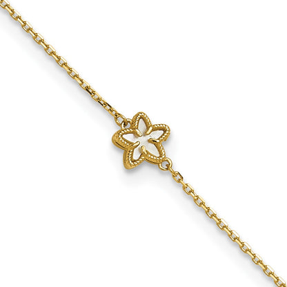 14K Yellow Gold Polished Mother of Pearl Flower 9in Plus 1in Ext. Anklet