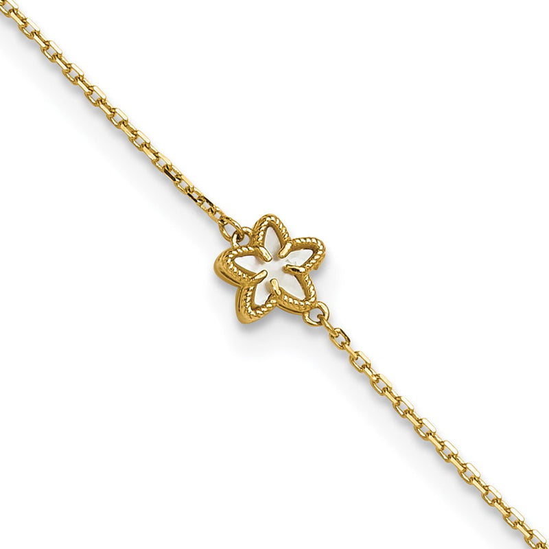 14K Yellow Gold Polished Mother of Pearl Flower 9in Plus 1in Ext. Anklet