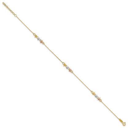 14K Two-Tone W/white Rhod Flowers 9in Plus 1in Ext Anklet