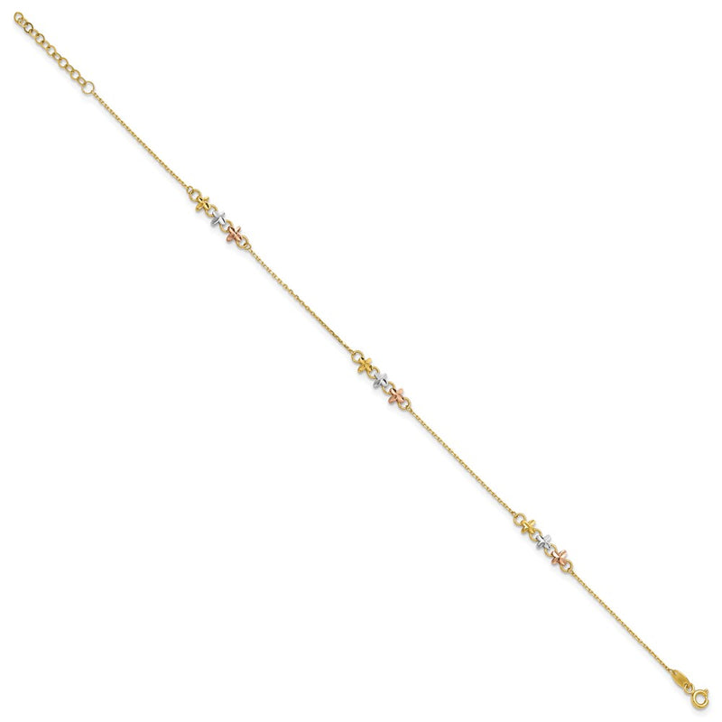 14K Two-Tone W/white Rhod Flowers 9in Plus 1in Ext Anklet