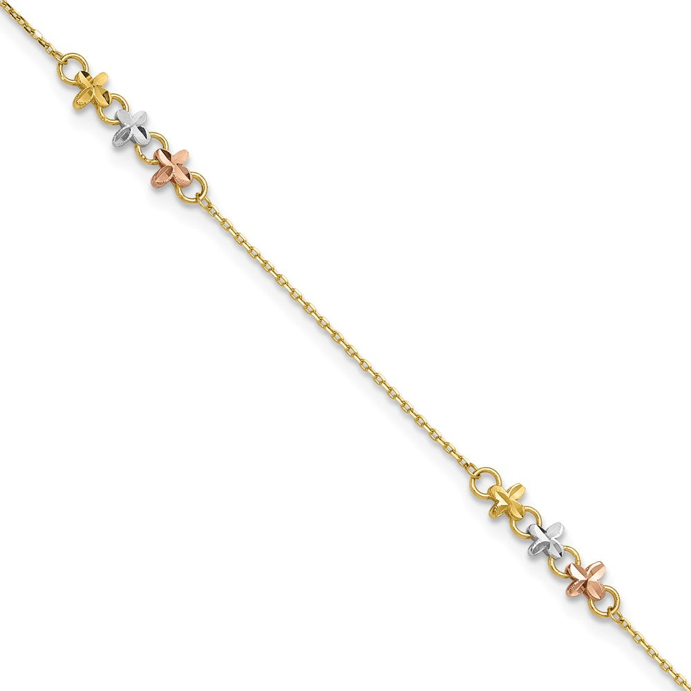 14K Two-Tone W/white Rhod Flowers 9in Plus 1in Ext Anklet