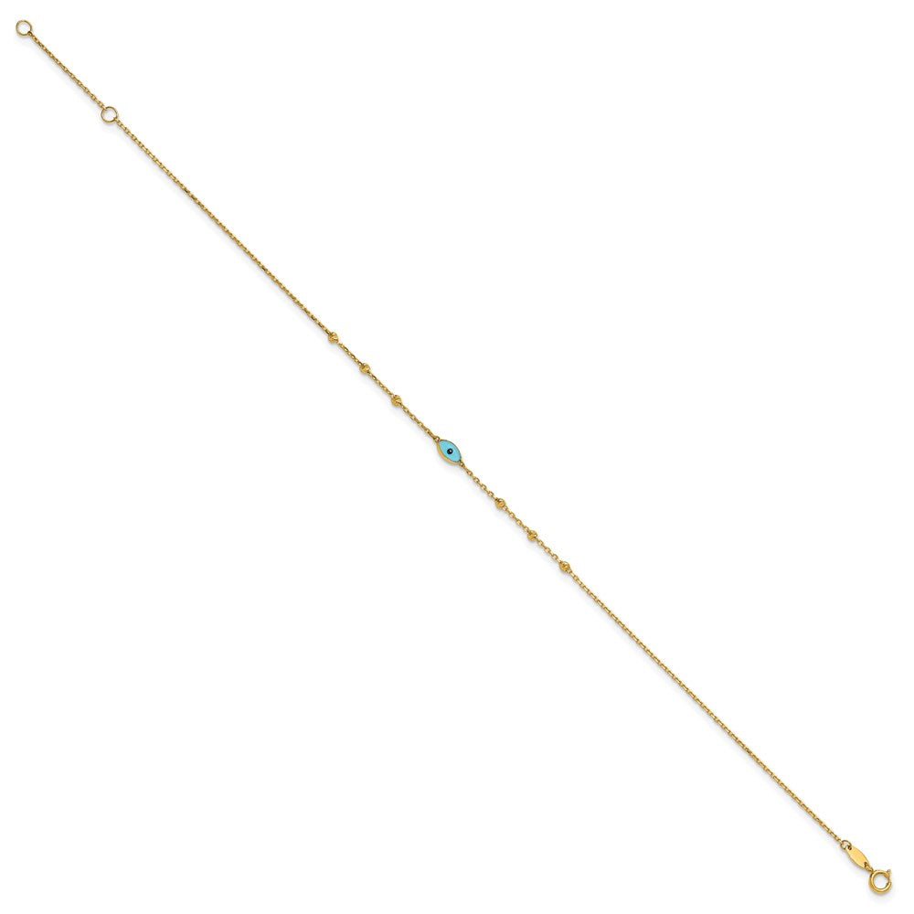 14K Yellow Gold Diamond-Cut Stations Blue Glass Evil Eye 9in Plus 1in Ext. Anklet