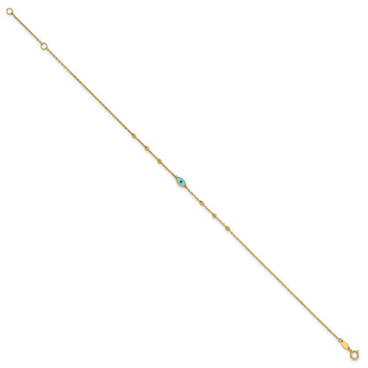 14K Yellow Gold Diamond-Cut Stations Blue Glass Evil Eye 9in Plus 1in Ext. Anklet