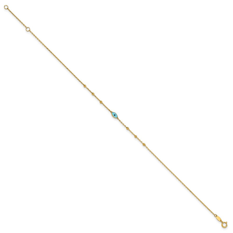 14K Yellow Gold Diamond-Cut Stations Blue Glass Evil Eye 9in Plus 1in Ext. Anklet