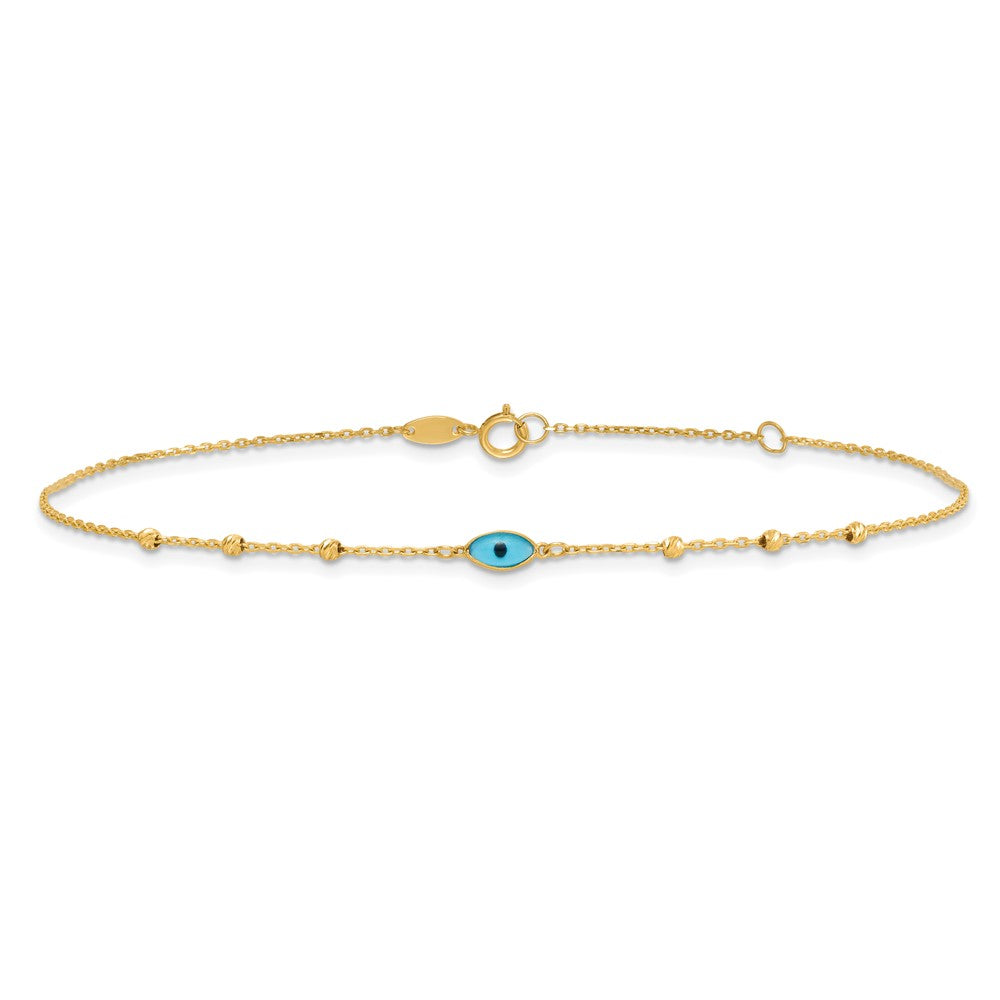 14K Yellow Gold Diamond-Cut Stations Blue Glass Evil Eye 9in Plus 1in Ext. Anklet