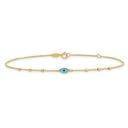 14K Yellow Gold Diamond-Cut Stations Blue Glass Evil Eye 9in Plus 1in Ext. Anklet