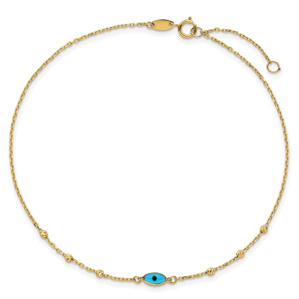 14K Yellow Gold Diamond-Cut Stations Blue Glass Evil Eye 9in Plus 1in Ext. Anklet