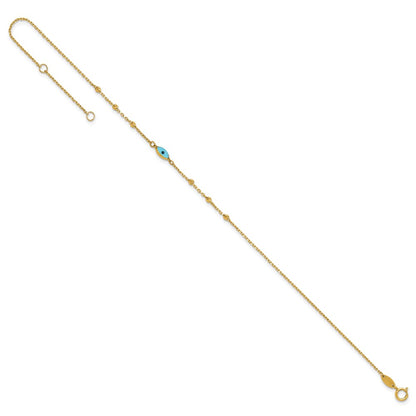 14K Yellow Gold Diamond-Cut Stations Blue Glass Evil Eye 9in Plus 1in Ext. Anklet