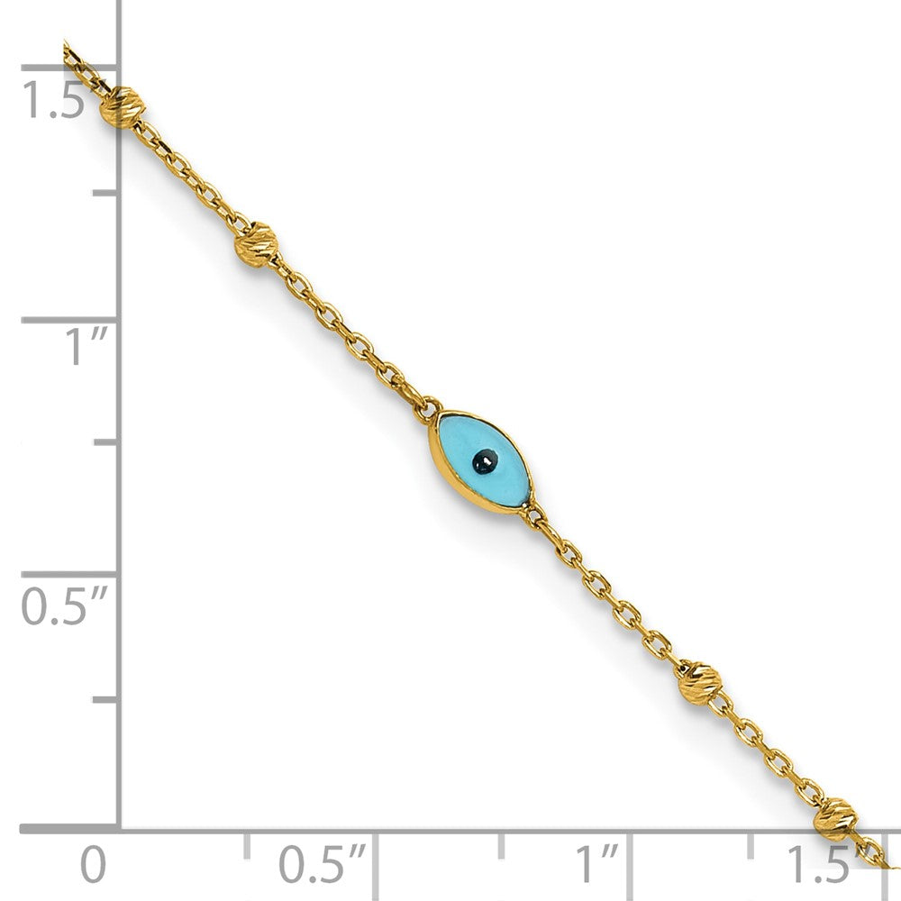 14K Yellow Gold Diamond-Cut Stations Blue Glass Evil Eye 9in Plus 1in Ext. Anklet
