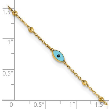 14K Yellow Gold Diamond-Cut Stations Blue Glass Evil Eye 9in Plus 1in Ext. Anklet