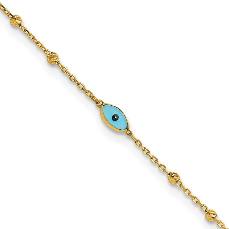 14K Yellow Gold Diamond-Cut Stations Blue Glass Evil Eye 9in Plus 1in Ext. Anklet