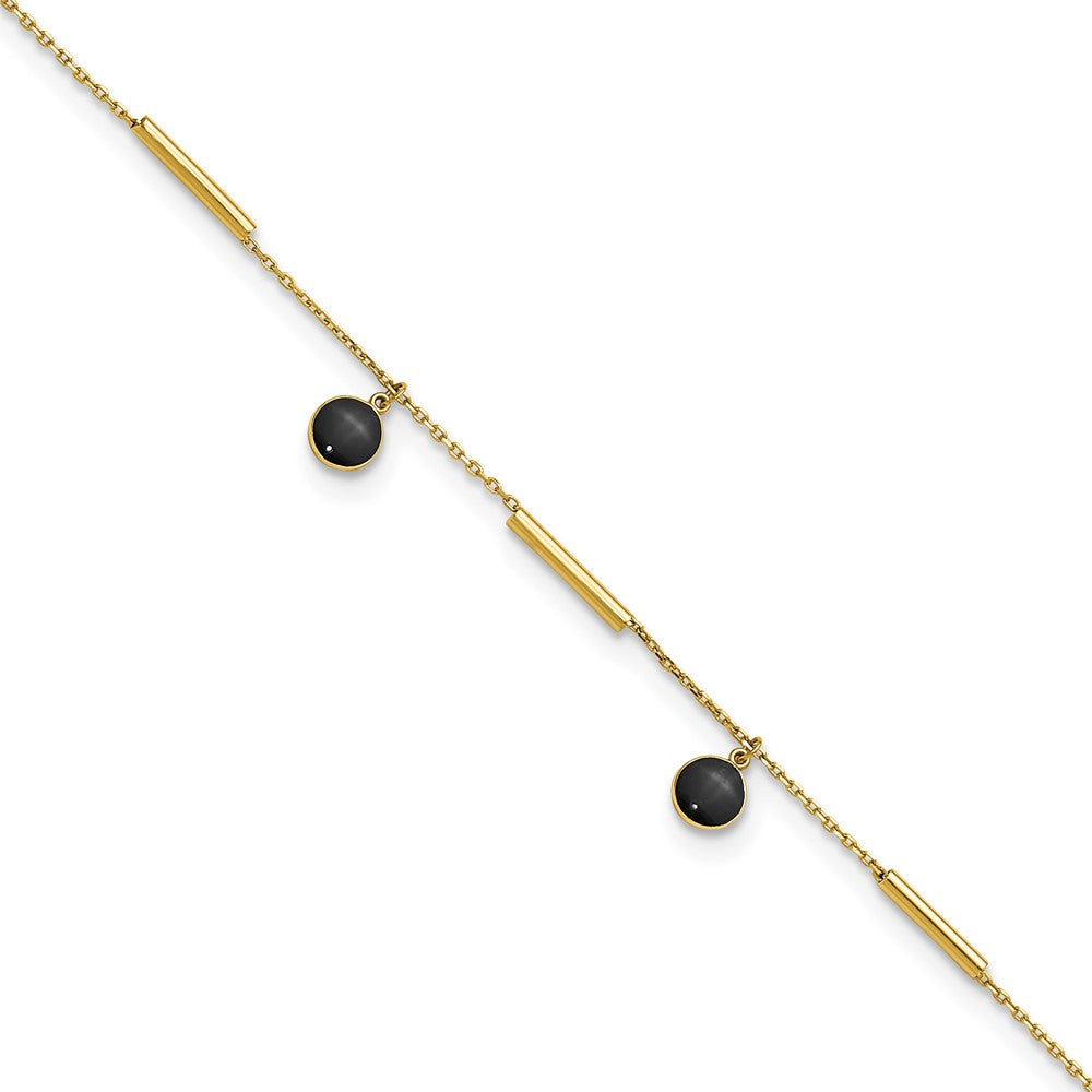 14K Yellow Gold Polished Onyx Dangles and Bars 9in Plus 1in Ext Anklet