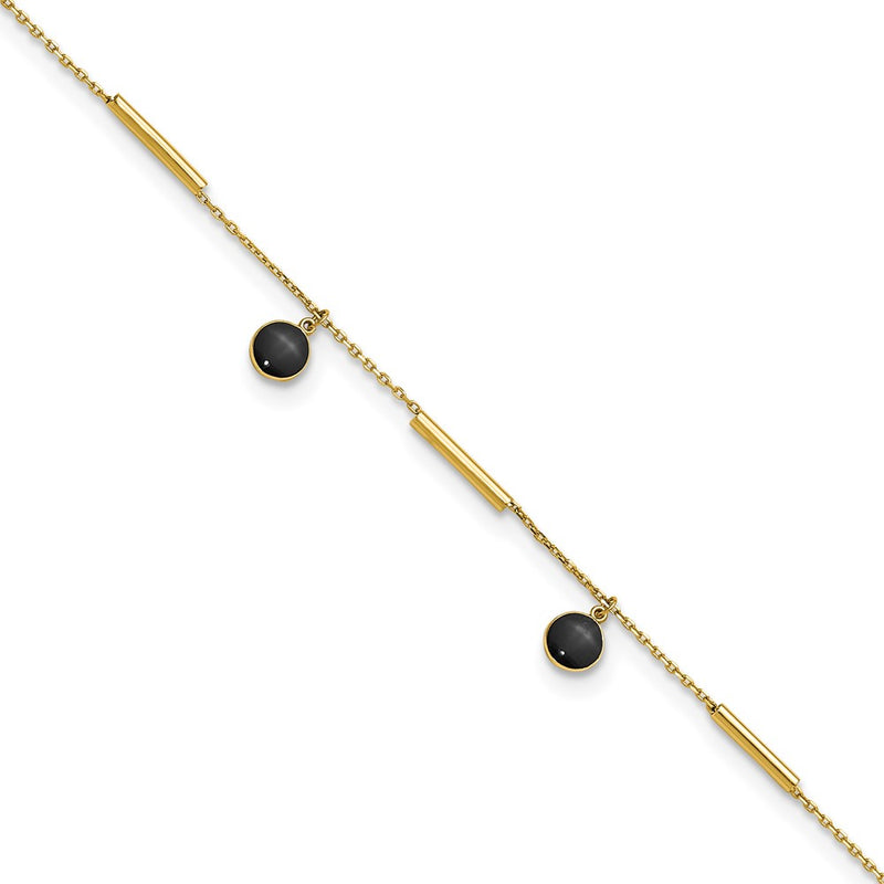 14K Yellow Gold Polished Onyx Dangles and Bars 9in Plus 1in Ext Anklet