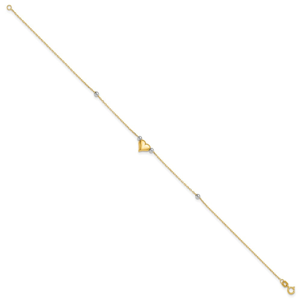 14K Two-Tone Polished Puffed Heart with Beads 10in Anklet
