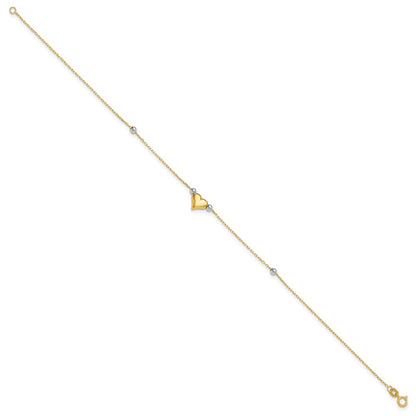 14K Two-Tone Polished Puffed Heart with Beads 10in Anklet