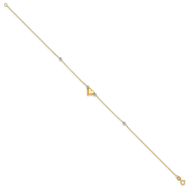 14K Two-Tone Polished Puffed Heart with Beads 10in Anklet