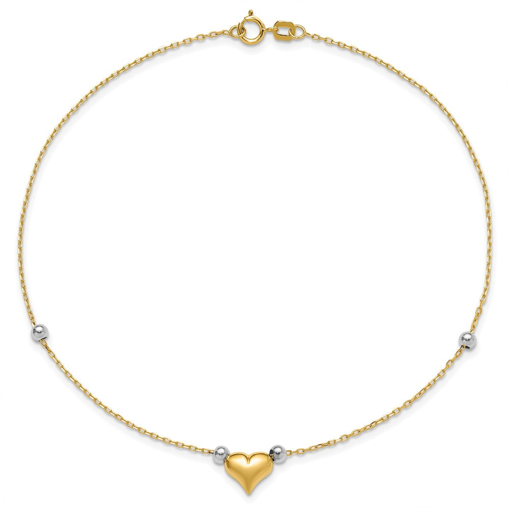 14K Two-Tone Polished Puffed Heart with Beads 10in Anklet