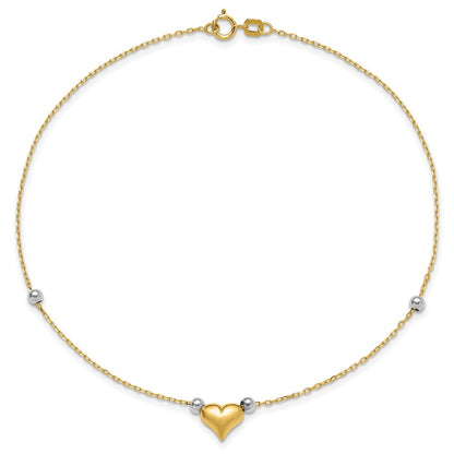 14K Two-Tone Polished Puffed Heart with Beads 10in Anklet