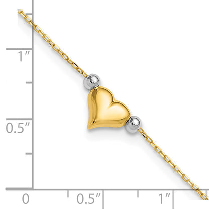 14K Two-Tone Polished Puffed Heart with Beads 10in Anklet