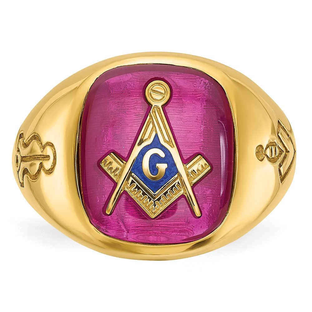 IBGoodman 14K Men's Polished and Grooved with Lab Created Ruby Blue Lodge Master Masonic Ring