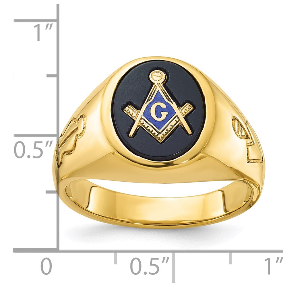 10K Yellow Gold Ibgoodman Men'S Polished And Grooved With Oval Onyx Blue Lodge Master Masonic Ring
