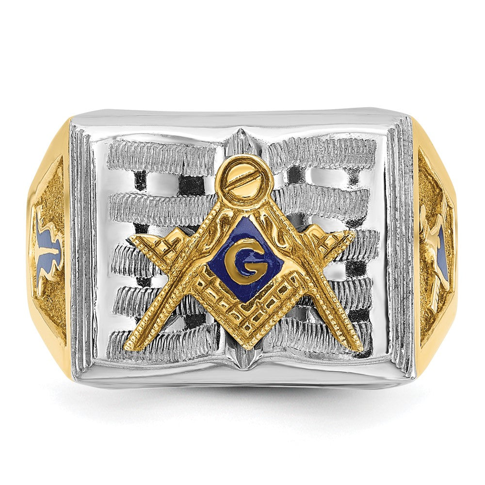 10K Two-Tone Ibgoodman Men'S Polished And Textured With Blue Enamel Lodge Master Masonic Ring