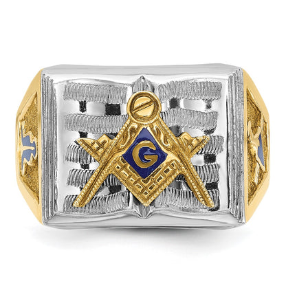 10K Two-Tone Ibgoodman Men'S Polished And Textured With Blue Enamel Lodge Master Masonic Ring