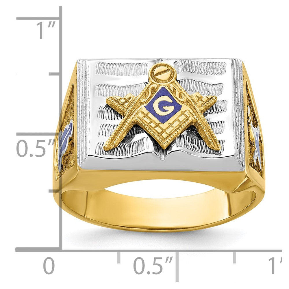 10K Two-Tone Ibgoodman Men'S Polished And Textured With Blue Enamel Lodge Master Masonic Ring