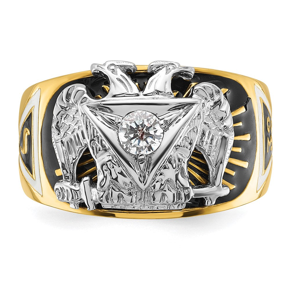 14k Two-tone Gold Men's Polished and Textured with Multi-color Enamel and Diamond 32nd Degree Scottish Rite Masonic Ring