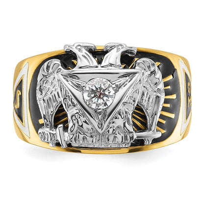 14k Two-tone Gold Men's Polished and Textured with Multi-color Enamel and Diamond 32nd Degree Scottish Rite Masonic Ring