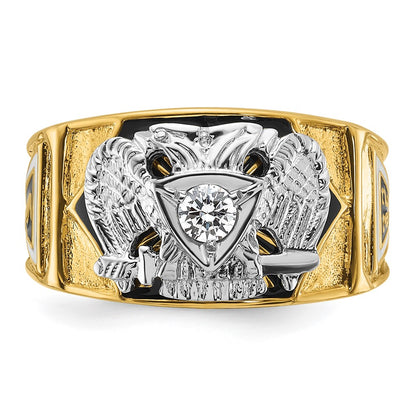 14k Two-tone Gold Men's Polished and Textured with Multi-color Enamel and Diamond 32nd Degree Scottish Rite Masonic Ring