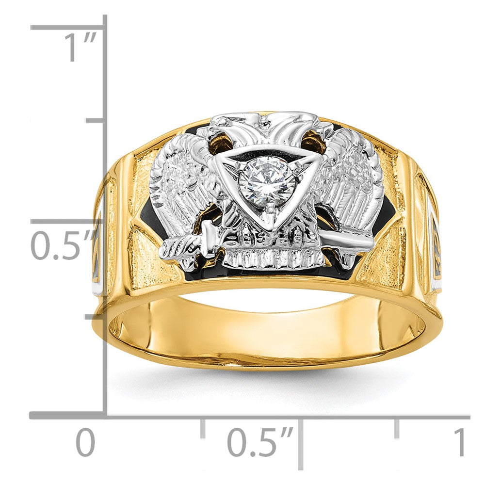 14k Two-tone Gold Men's Polished and Textured with Multi-color Enamel and Diamond 32nd Degree Scottish Rite Masonic Ring