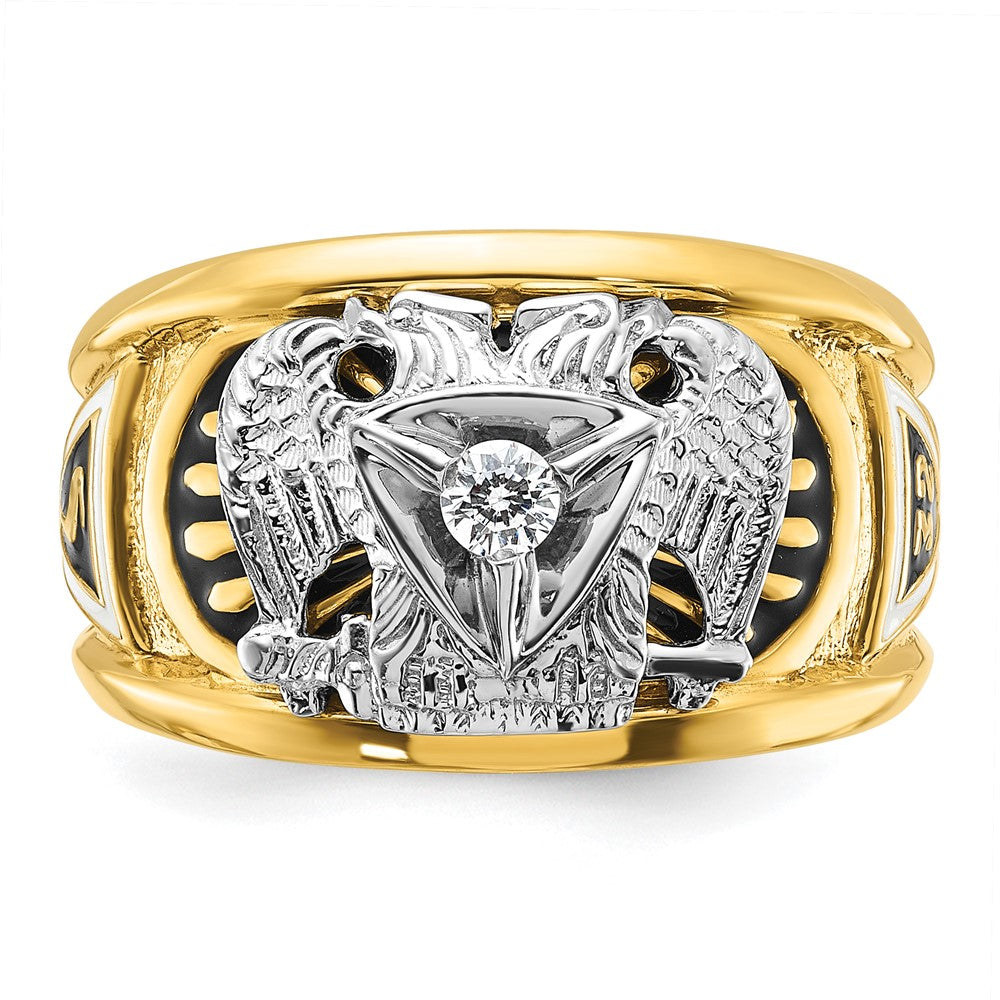 14k Two-tone Gold Men's Polished and Textured with Black and White Enameled and Diamond 32nd Degree Scottish Rite Masonic Ring