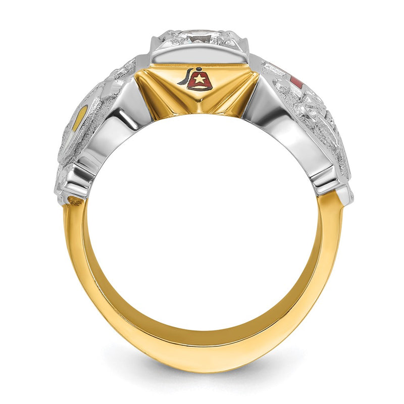 14k Two-tone Gold Men's Polished and Textured with Multi-color Enamel and Diamond Knights Templar Masonic Shriner's Ring