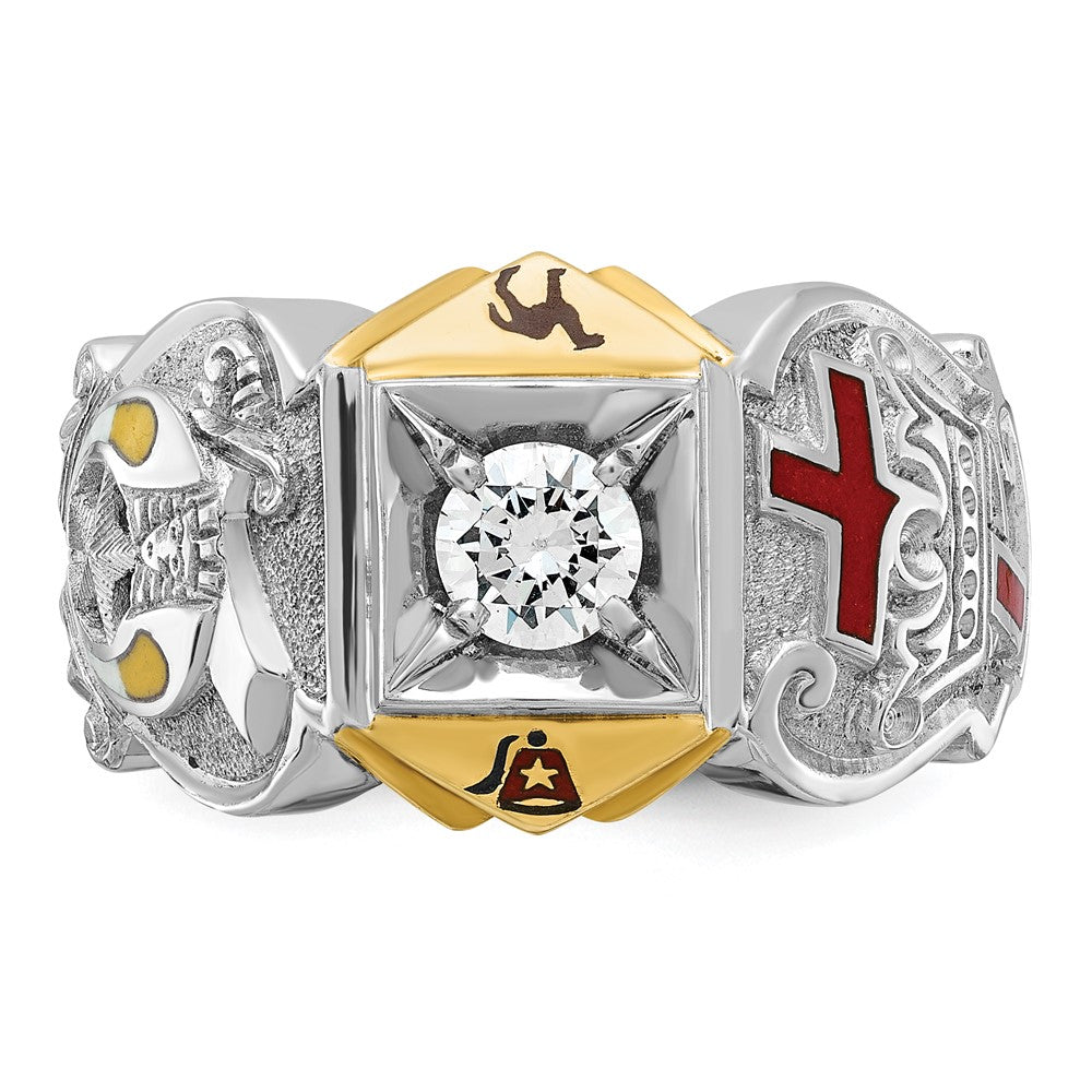 14k Two-tone Gold Men's Polished and Textured with Multi-color Enamel and Diamond Knights Templar Masonic Shriner's Ring