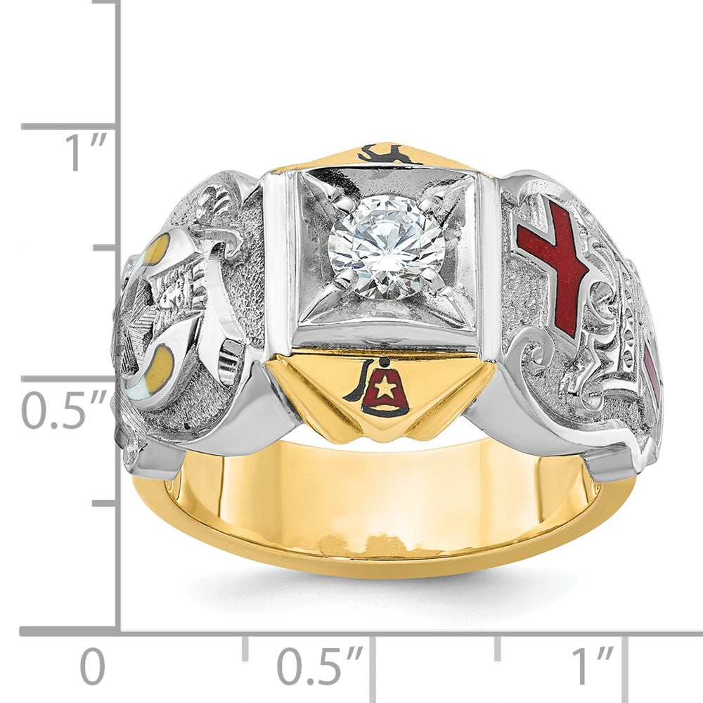14k Two-tone Gold Men's Polished and Textured with Multi-color Enamel and Diamond Knights Templar Masonic Shriner's Ring