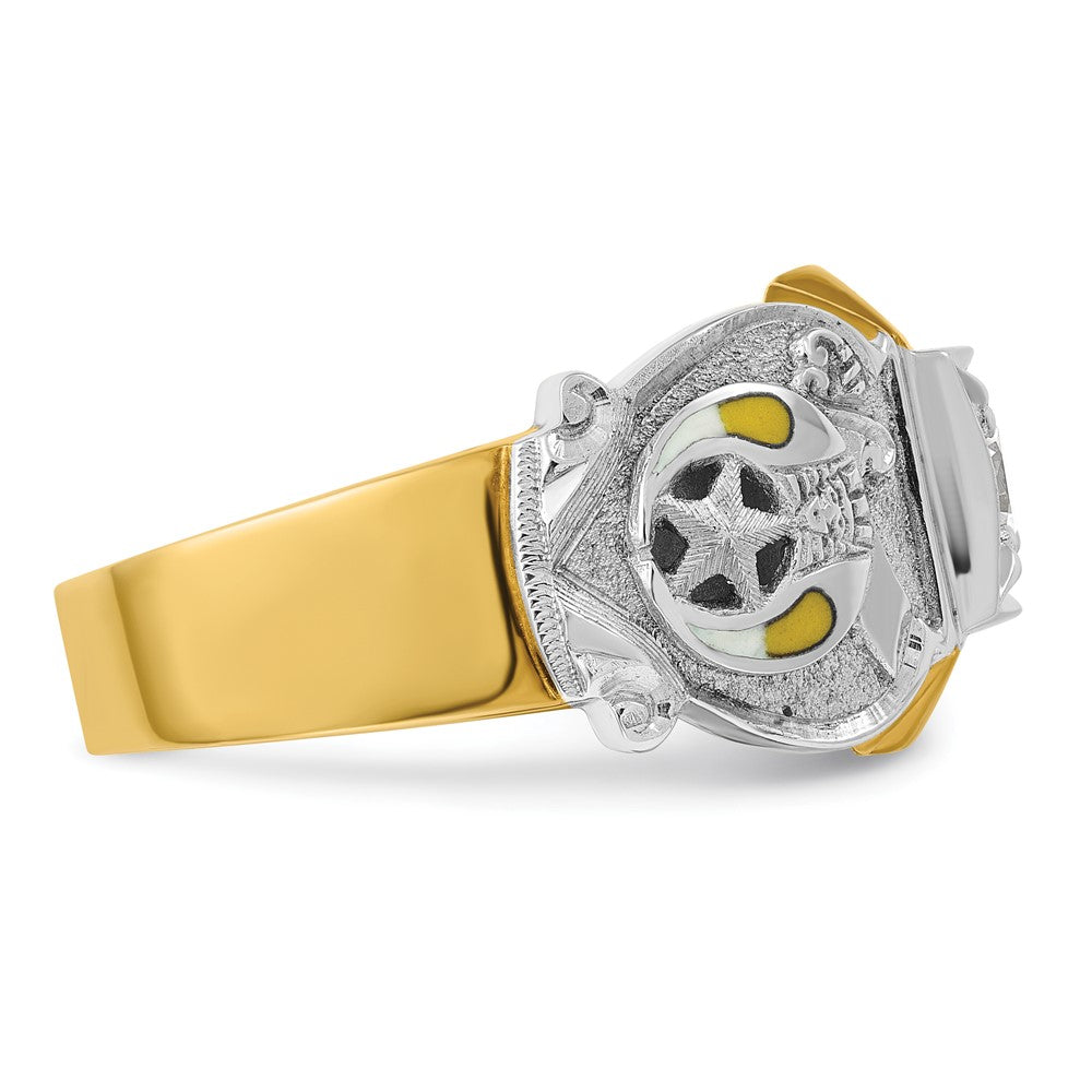 14k Two-tone Gold Men's Polished and Textured with Multi-color Enamel and Diamond Knights Templar Masonic Shriner's Ring