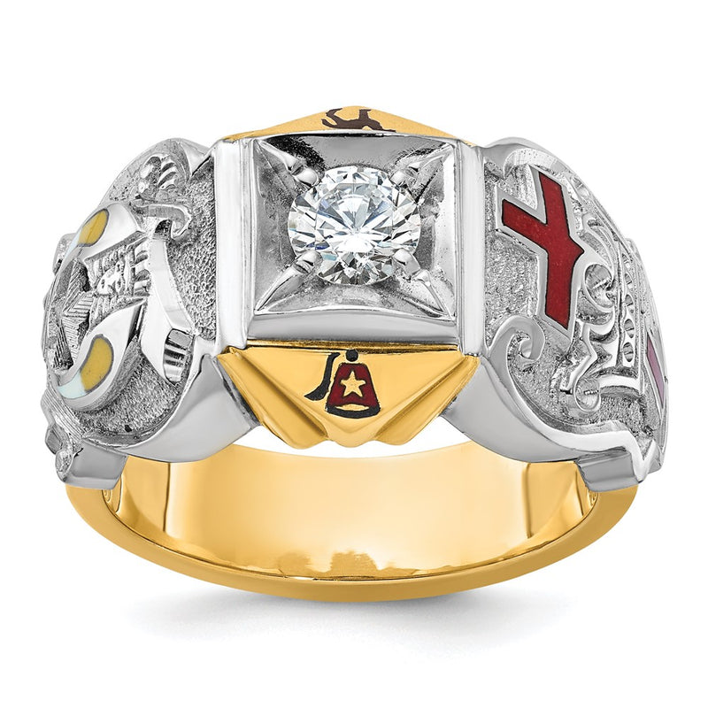 14k Two-tone Gold Men's Polished and Textured with Multi-color Enamel and Diamond Knights Templar Masonic Shriner's Ring