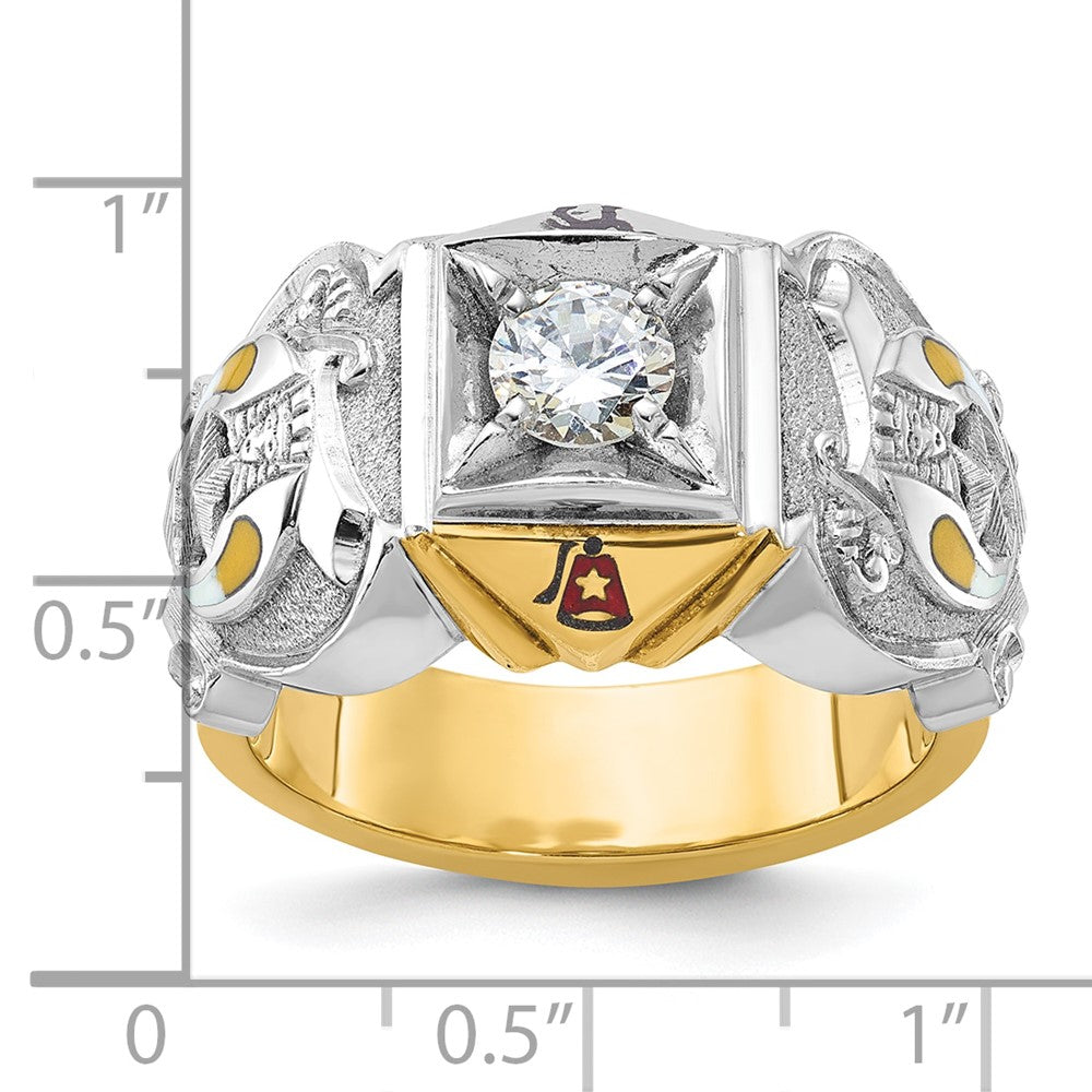 14k Two-tone Gold Men's Polished and Textured with Multi-color Enamel and Diamond Masonic Shriner's Ring