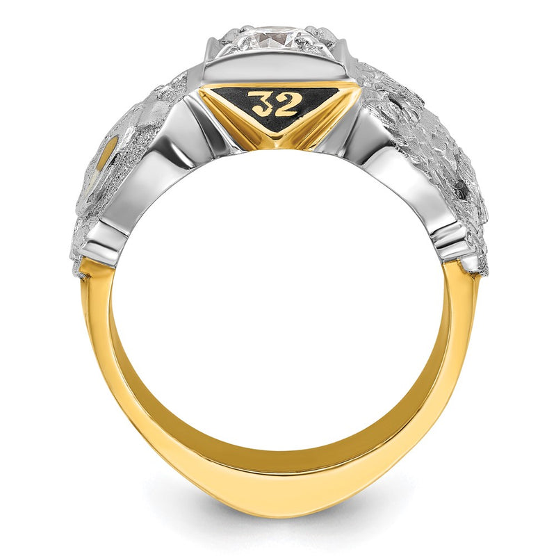 14k Two-tone Gold Men's Polished and Textured with Black Enamel and Diamond Double Eagle Masonic Shriner's Ring