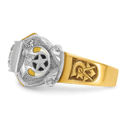 14k Two-tone Gold Men's Polished and Textured with Black Enamel and Diamond Double Eagle Masonic Shriner's Ring