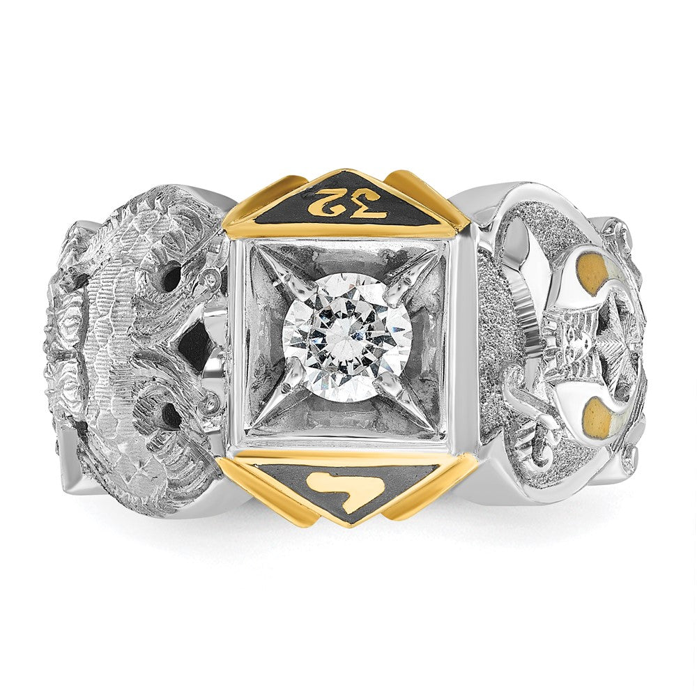 14k Two-tone Gold Men's Polished and Textured with Black Enamel and Diamond Double Eagle Masonic Shriner's Ring