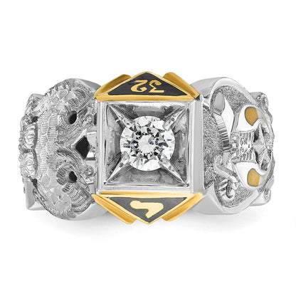 14k Two-tone Gold Men's Polished and Textured with Black Enamel and Diamond Double Eagle Masonic Shriner's Ring