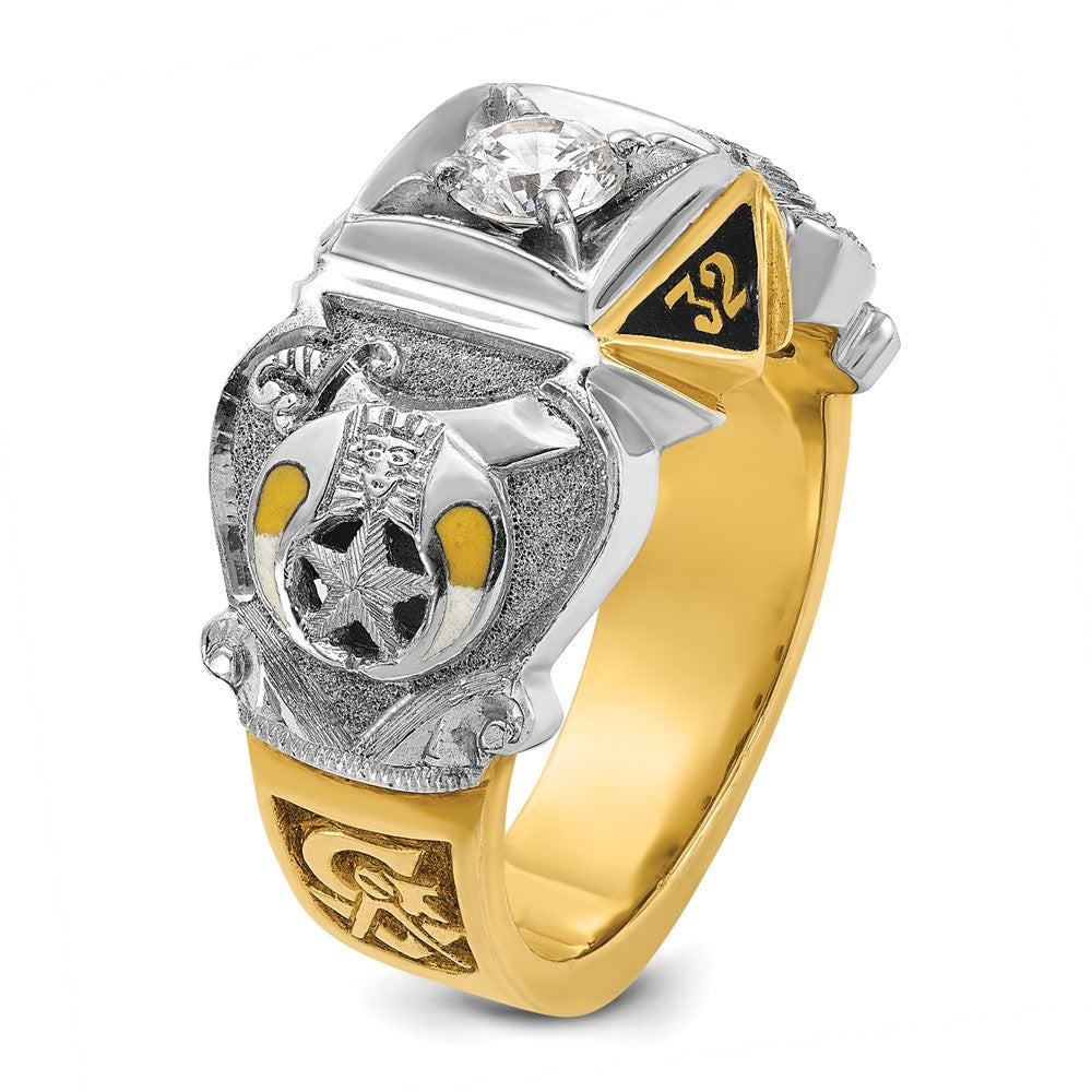 14k Two-tone Gold Men's Polished and Textured with Black Enamel and Diamond Double Eagle Masonic Shriner's Ring
