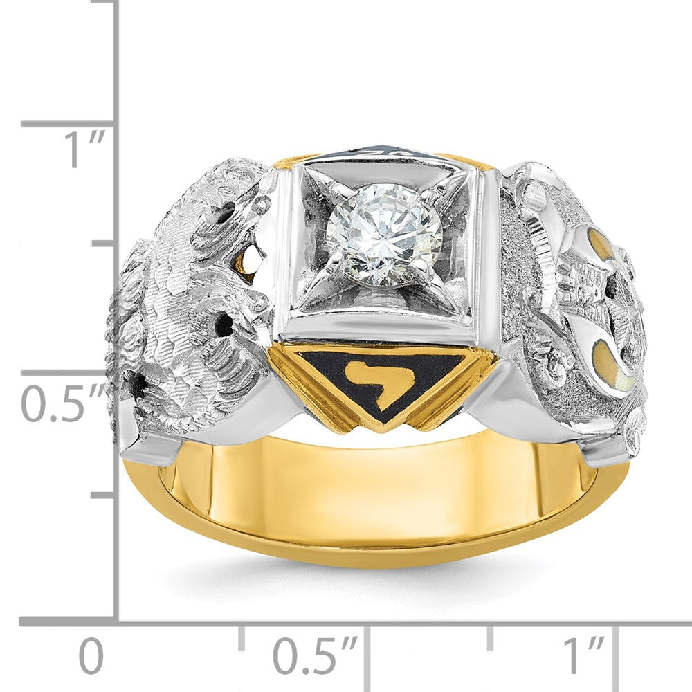 14k Two-tone Gold Men's Polished and Textured with Black Enamel and Diamond Double Eagle Masonic Shriner's Ring