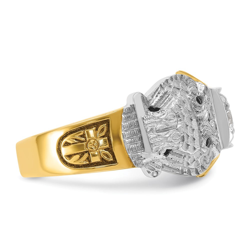 14k Two-tone Gold Men's Polished and Textured with Black Enamel and Diamond Double Eagle Masonic Shriner's Ring