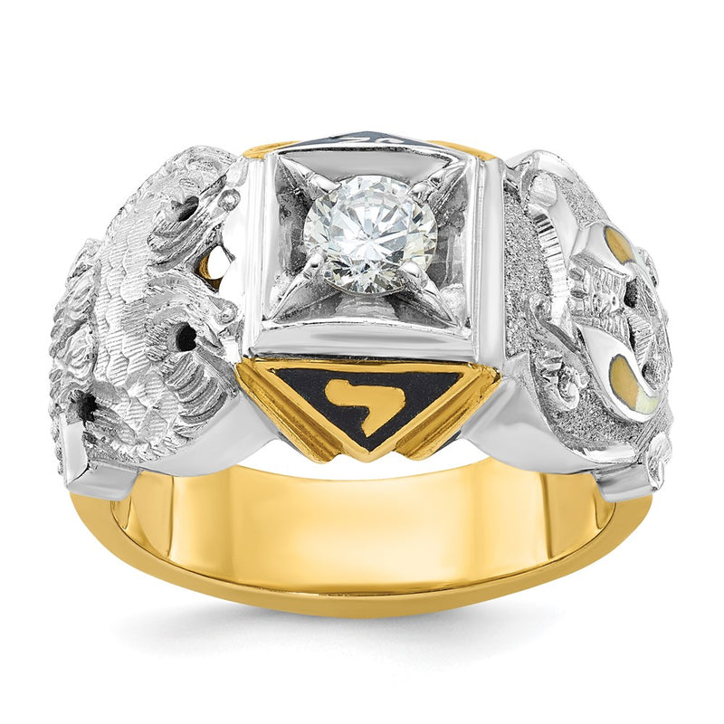 14k Two-tone Gold Men's Polished and Textured with Black Enamel and Diamond Double Eagle Masonic Shriner's Ring